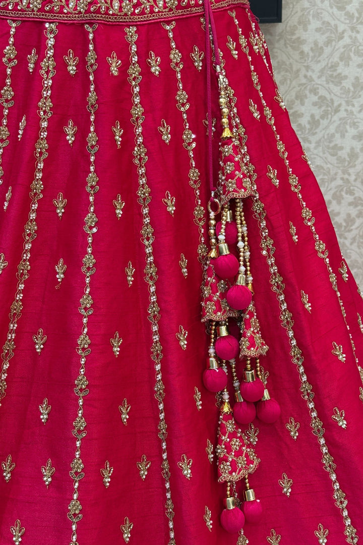 Rani Pink Beads, Zari, Zardozi and Sequins work Crop Top Designer Bridal Lehenga with Belt
