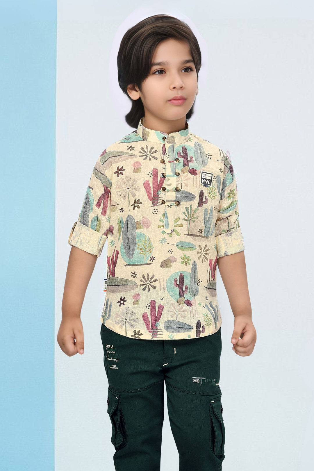Cream with Multicolor Digital Print Casual wear Shirt and Green Pant Set for Boys