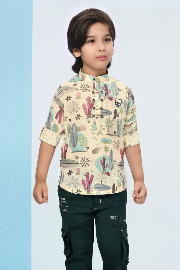 Cream with Multicolor Digital Print Casual wear Shirt and Green Pant Set for Boys