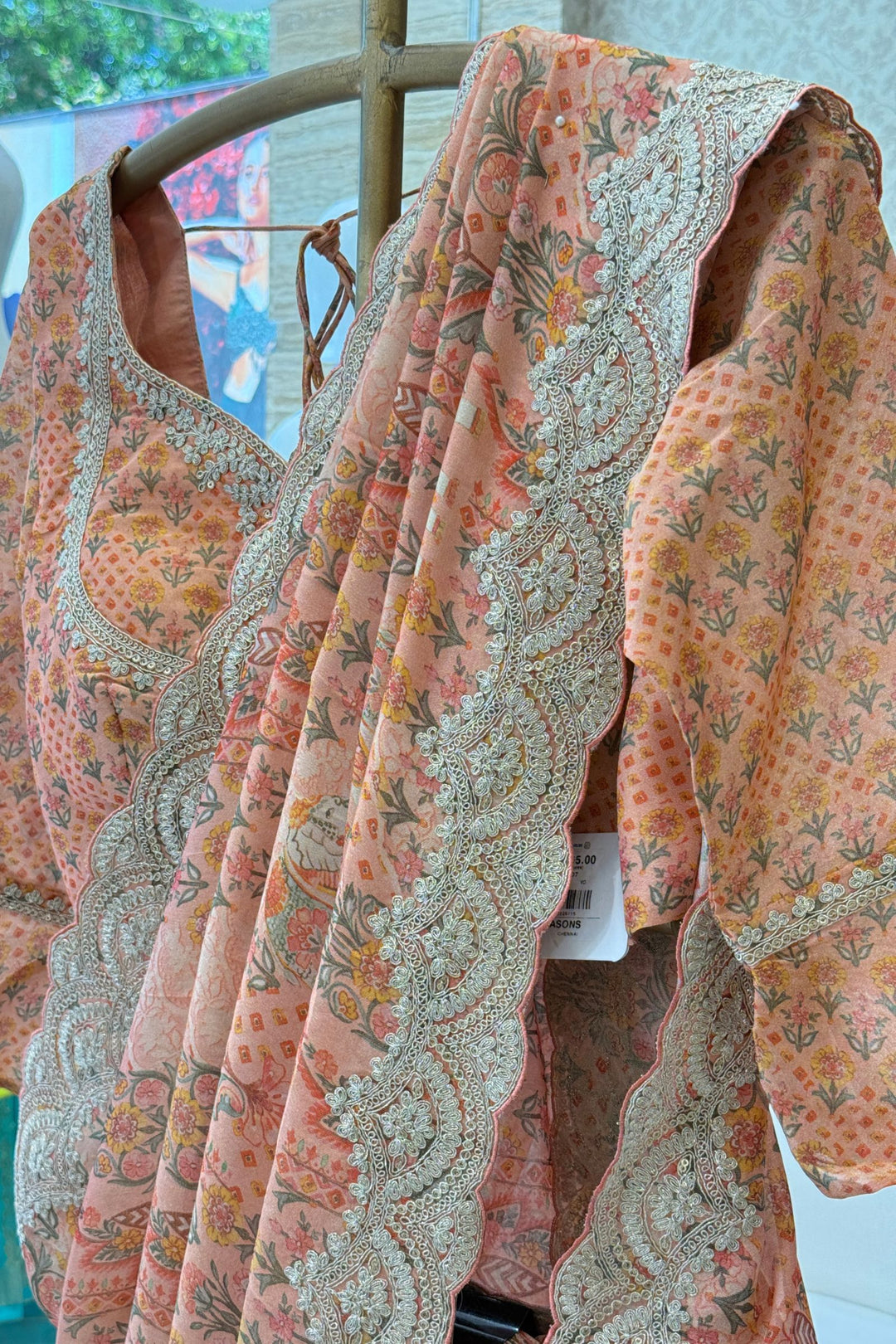 Peach Sequins and Zari work with Digital Print Saree
