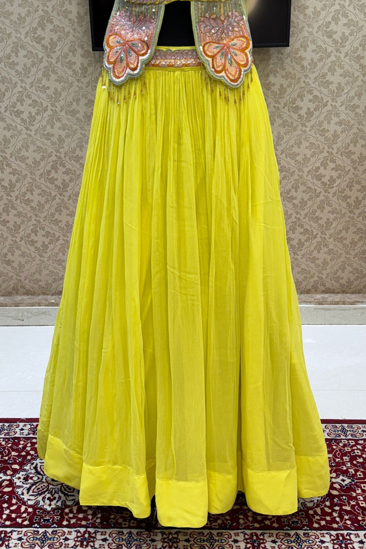 Lemon Yellow Multicolor Embroidery, Sequins and Beads work Crop Top Lehenga