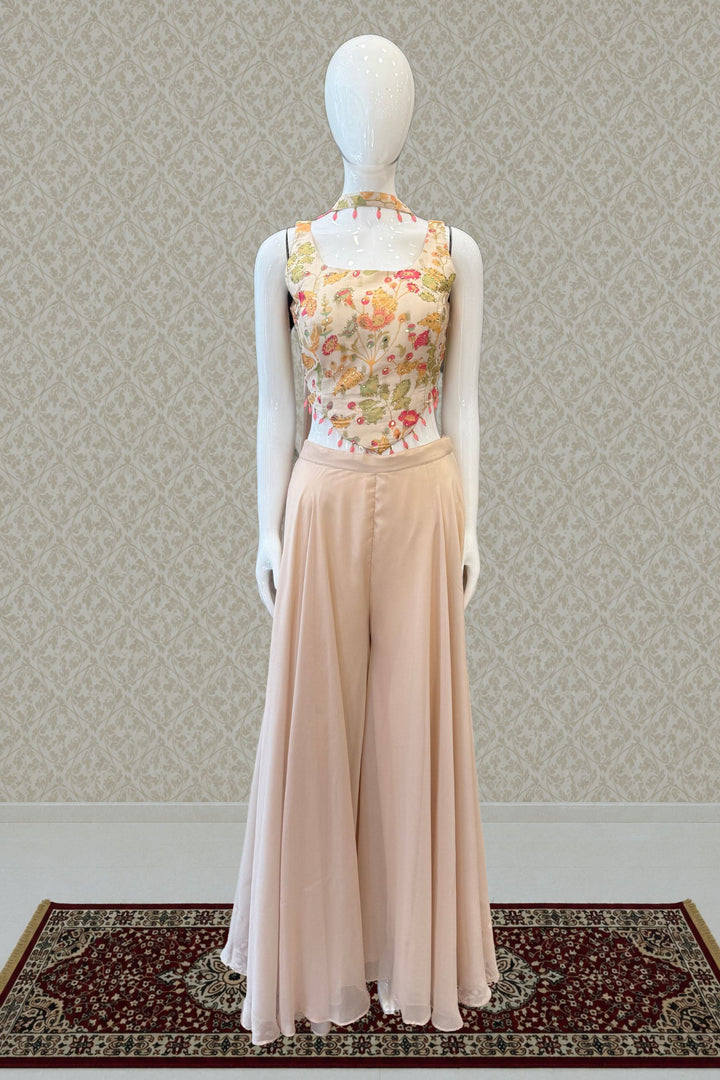 Cream Stone, Mirror and Beads work with Multicolor Digital Print Palazzo Suit Set