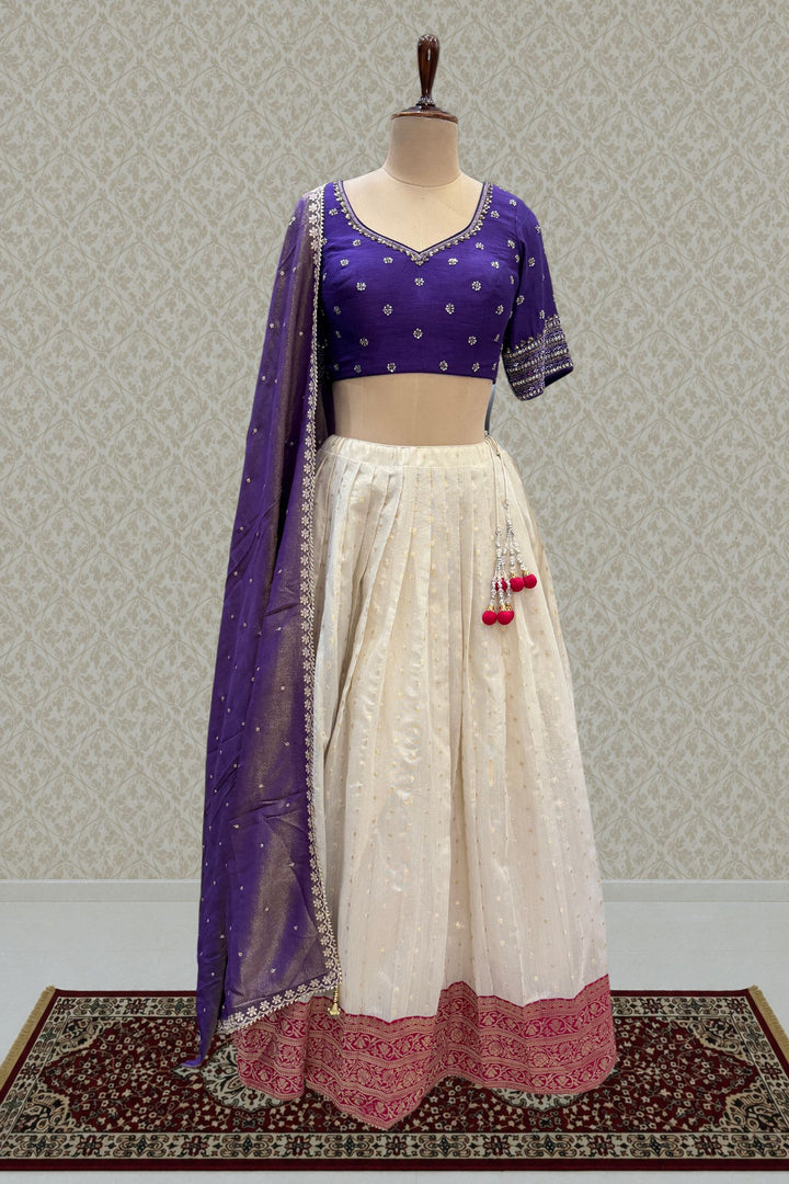 Designer Floral Banarasi Lehenga Set in Purple and Cream