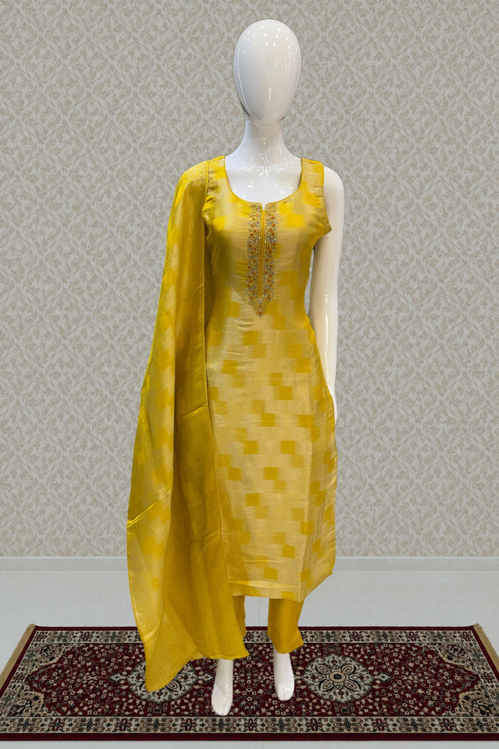 Yellow Banaras, Stone, Thread, Zardozi and Sequins work Straight Cut Salwar Suit