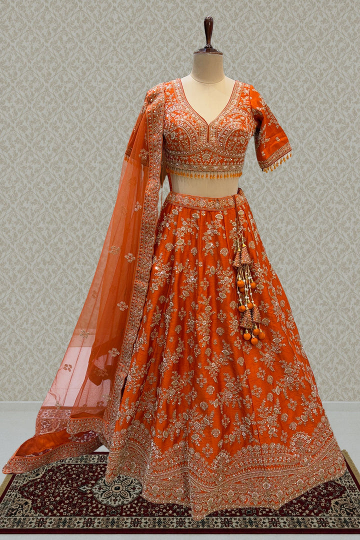 Orange Beads, Zari, Zardozi and Sequins work Crop Top Designer Bridal Lehenga with Belt