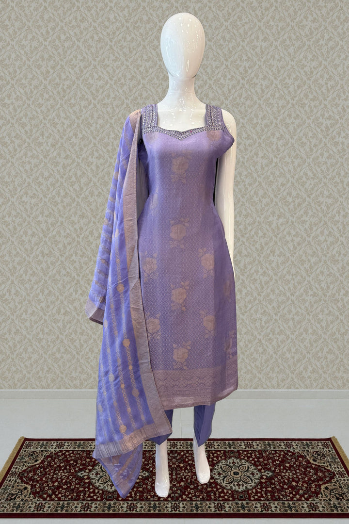 Lilac Banaras, Mirror, Zardozi, Beads, Stone and Sequins work Straight Cut Salwar Suit