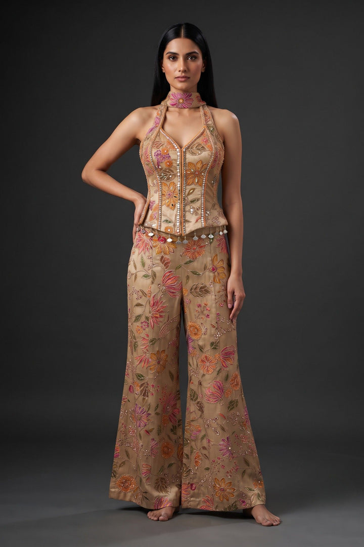 Beige Halter Neck Palazzo Set with Zardozi, Zari, Beads, Sequins, Stone and Mirror Detailing (Copy)