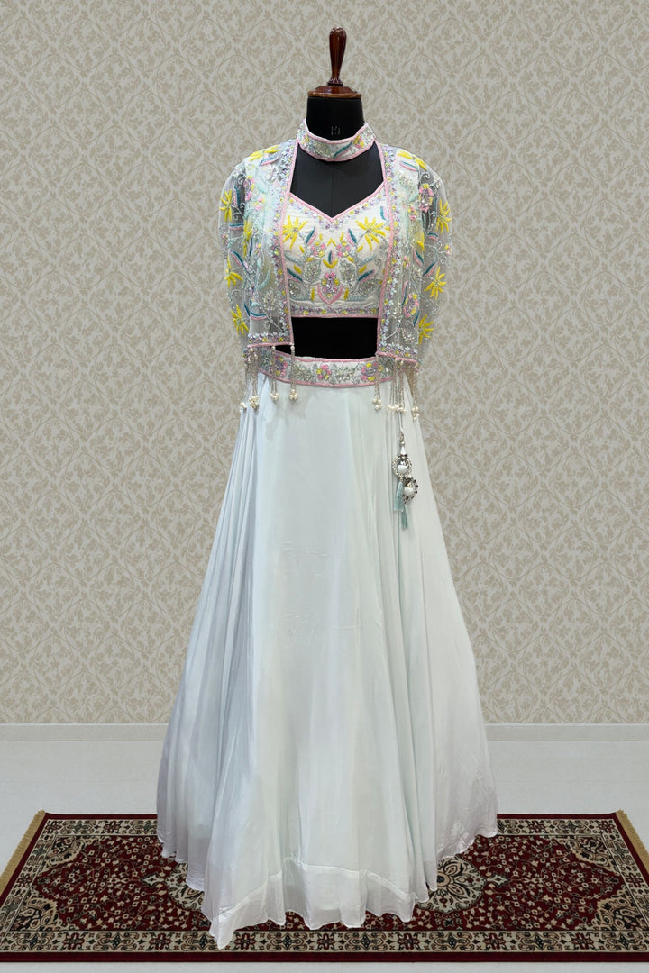 Sea Blue Beads, Sequins and Stone work with Poncho Crop Top Lehenga