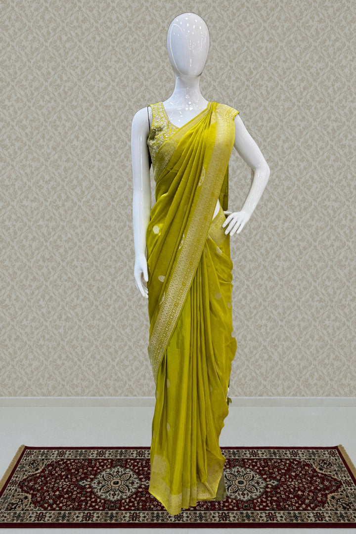 Green Banaras Zari work Saree with Zari and Sequins work Readymade Blouse