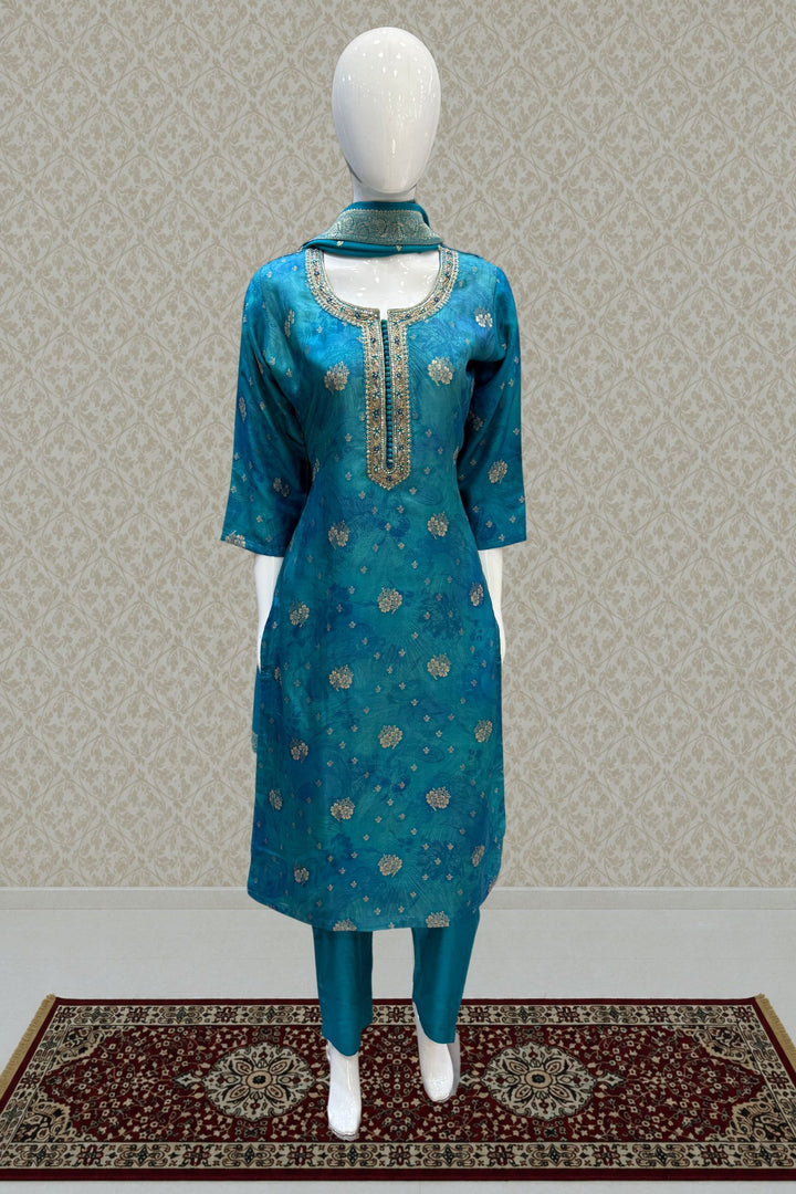Rama Blue Mirror, Zardozi, Zari and Banaras work with Digital Print Straight Cut Salwar Suit