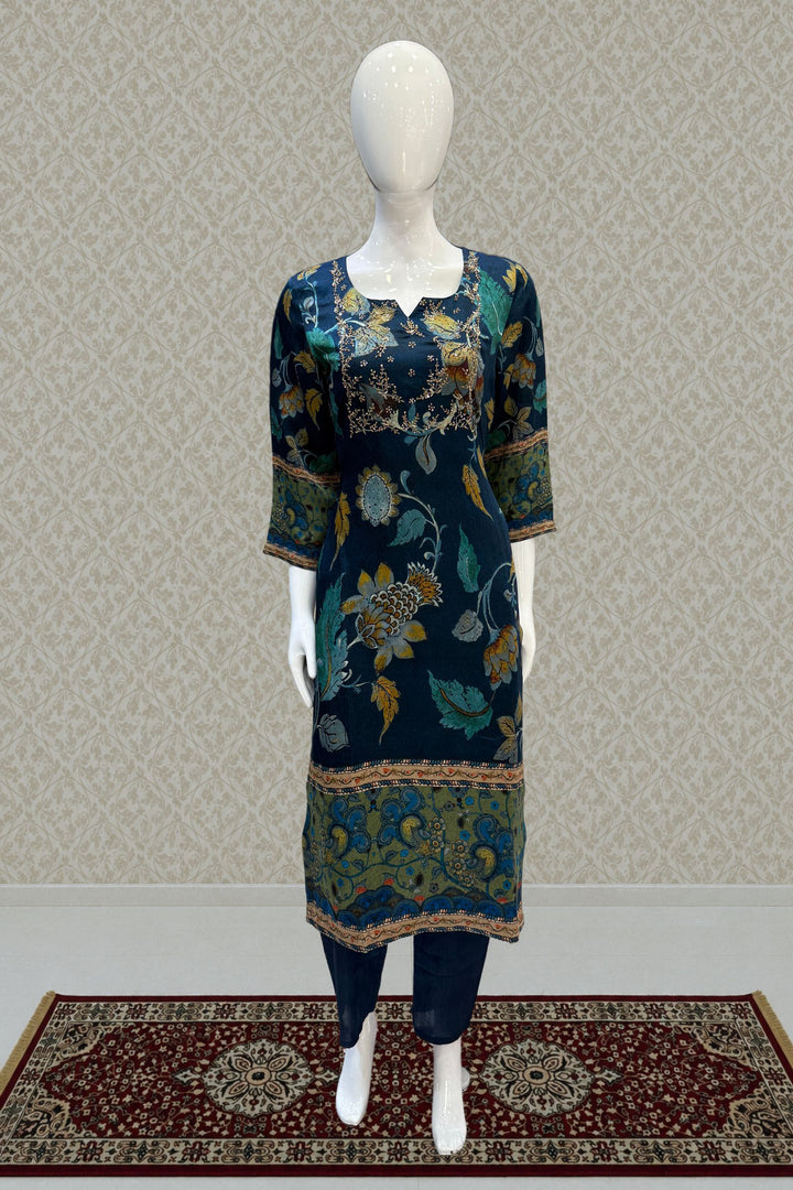 Peacock Blue Sequins, Zardozi and Beads work with Digital Print Straight Cut Salwar Suit