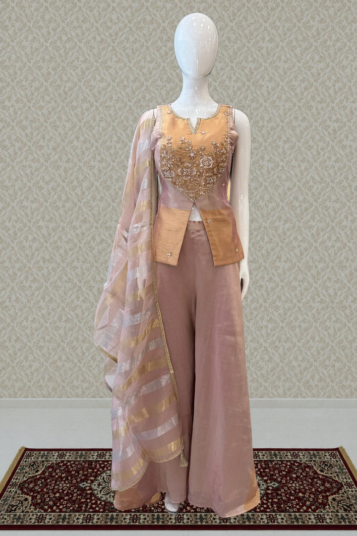 Onion Pink Palazzo Set with Beads, Sequins and Zari work with Organza Dupatta