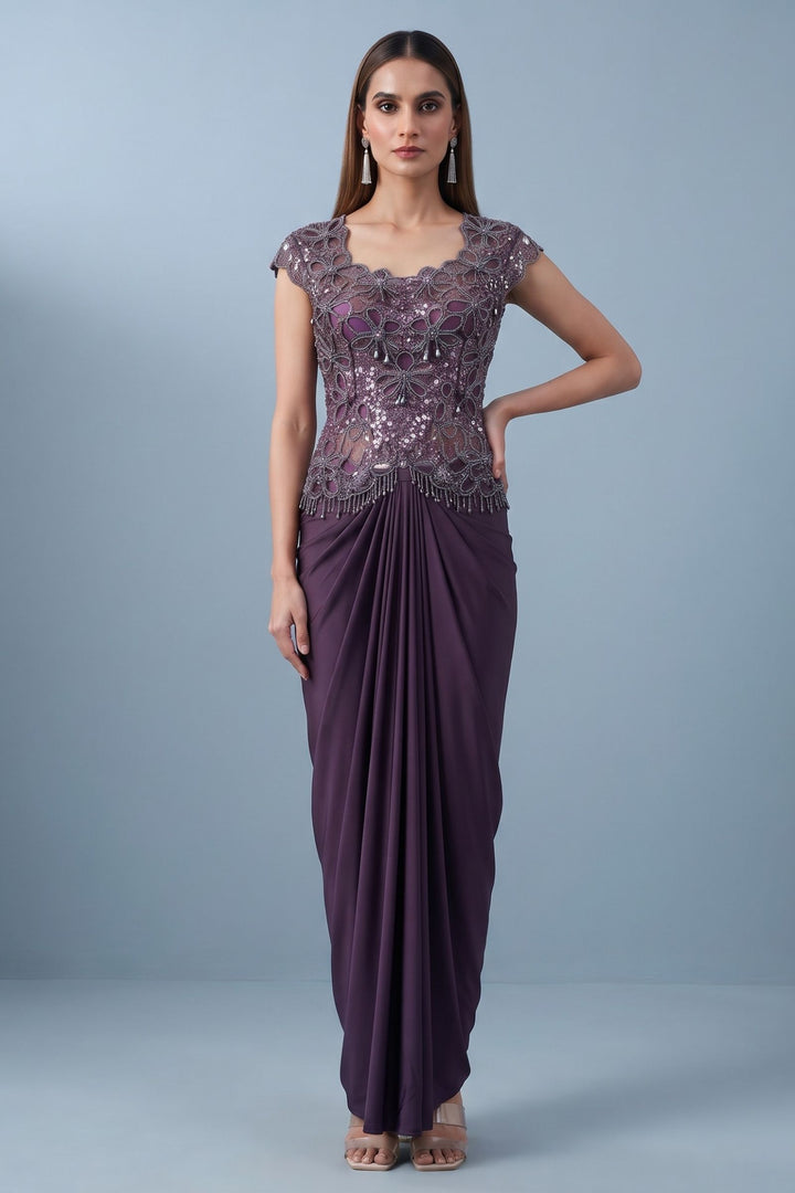 Purple Indo-Western Styled Beads and Sequins work Top and Cowl Skirt