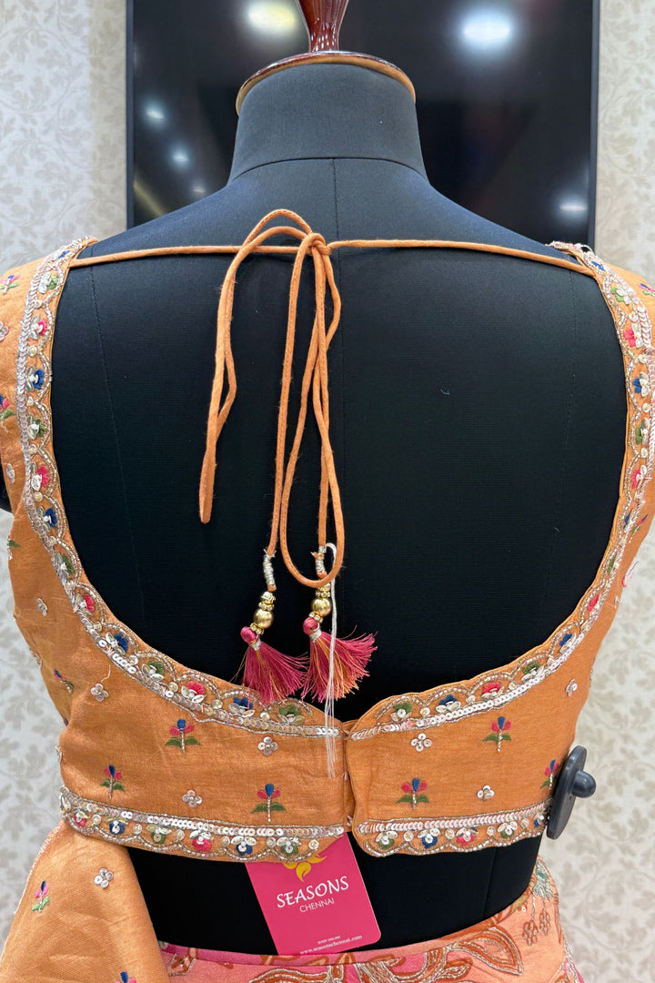 Peach Mirror, Beads, Zari and Sequins work with Floral Print Crop Top Lehenga