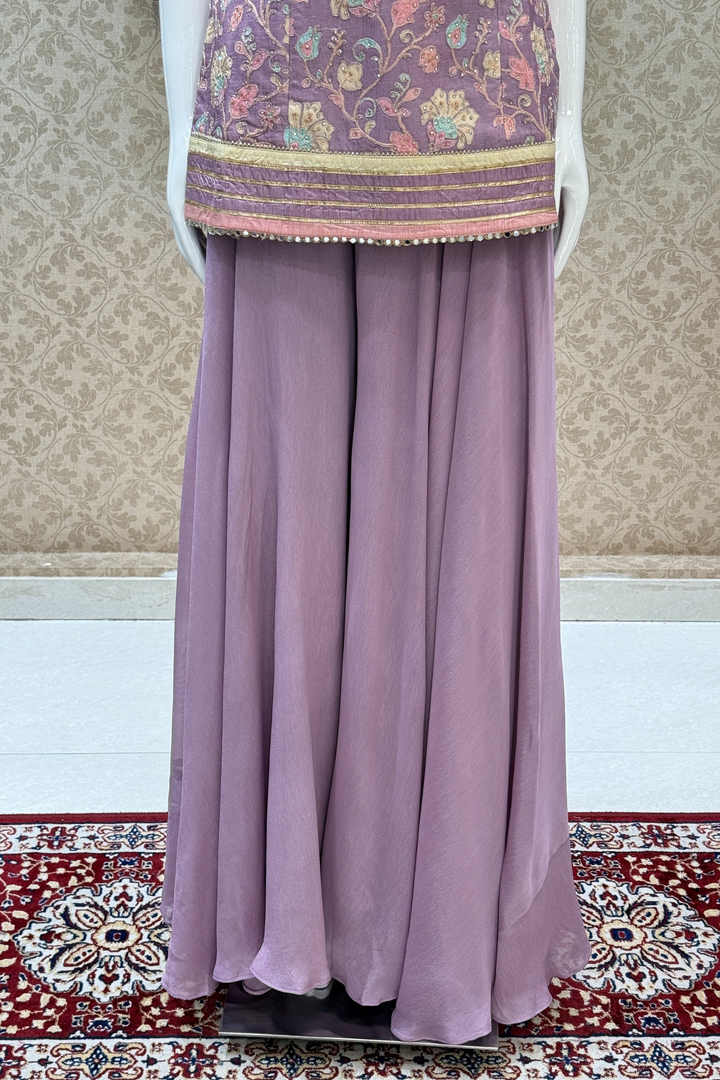 Lavender Zardozi, Mirror and Beads work with Multicolor Digital Print Palazzo Salwar Suit
