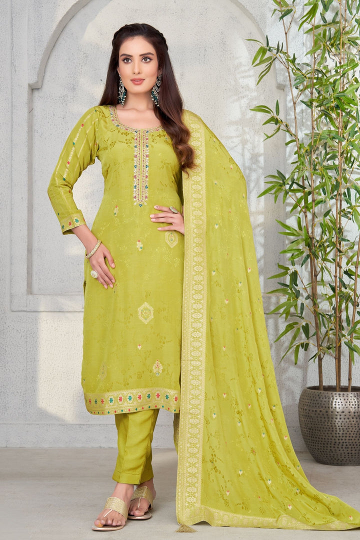 Parrot Green Banaras, Pearl, Kundan and Zardozi work Straight Cut Salwar Suit