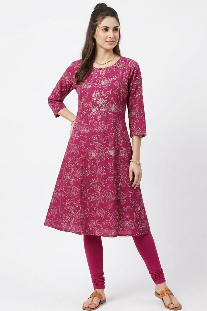 Magenta Embroidery and Stone work with Floral Print A-Line Cut Calf Length Kurti