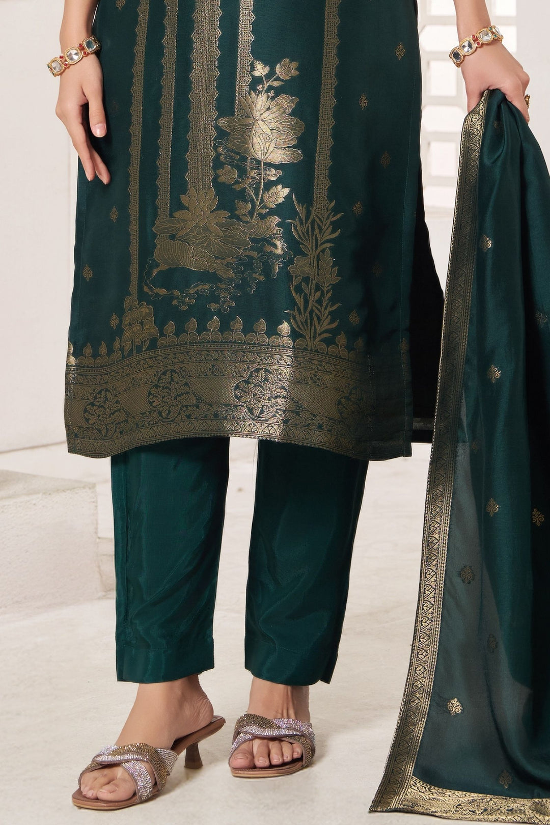 Bottle Green Beads, Zardozi, Banaras and Zari work Straight Cut Salwar Suit