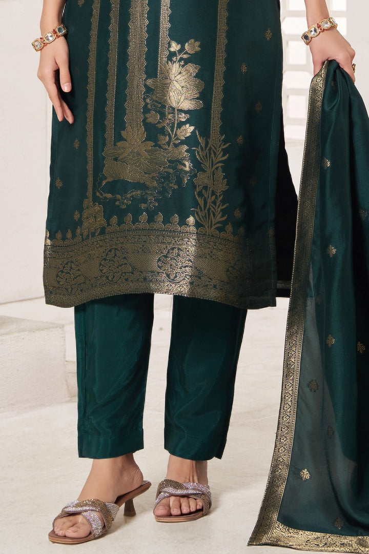 Bottle Green Beads, Zardozi, Banaras and Zari work Straight Cut Salwar Suit