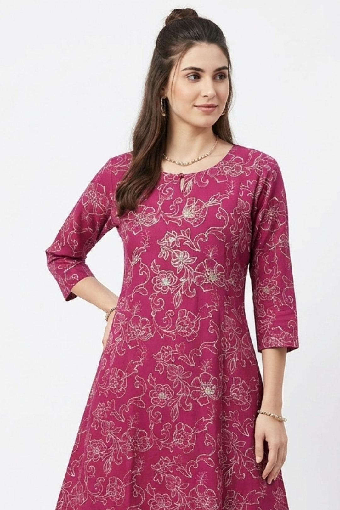 Magenta Embroidery and Stone work with Floral Print A-Line Cut Calf Length Kurti