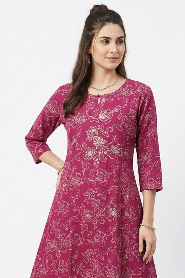 Magenta Embroidery and Stone work with Floral Print A-Line Cut Calf Length Kurti
