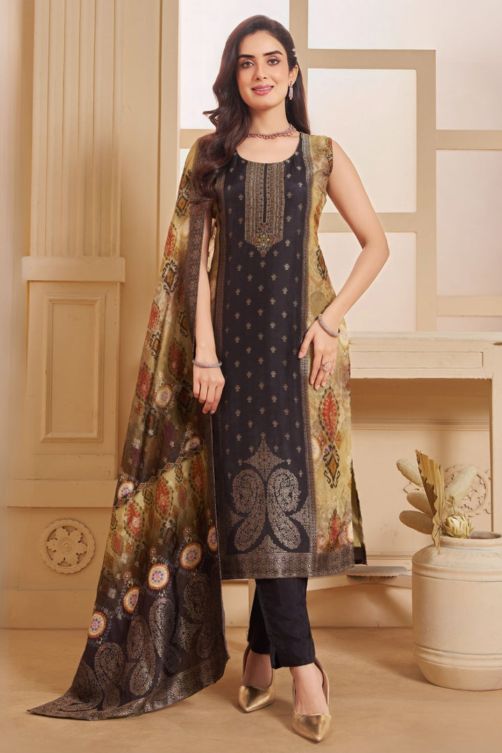 Black with Beige Banaras, Beads, Thread and Zardozi work Straight Cut Salwar Suit