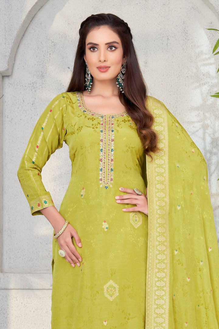 Parrot Green Banaras, Pearl, Kundan and Zardozi work Straight Cut Salwar Suit