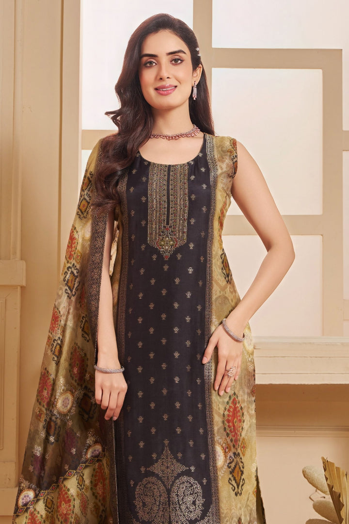 Black with Beige Banaras, Beads, Thread and Zardozi work Straight Cut Salwar Suit