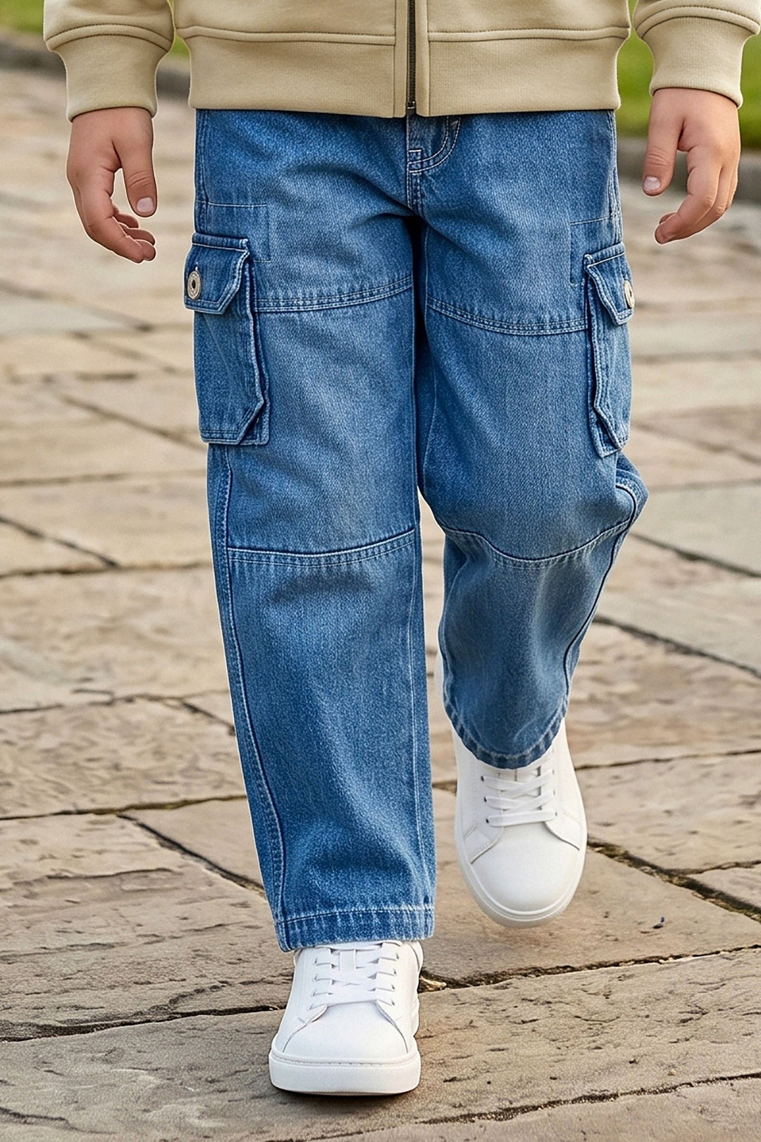 Beige Blazer, Printed T-Shirt and Blue Pant Set for Boys