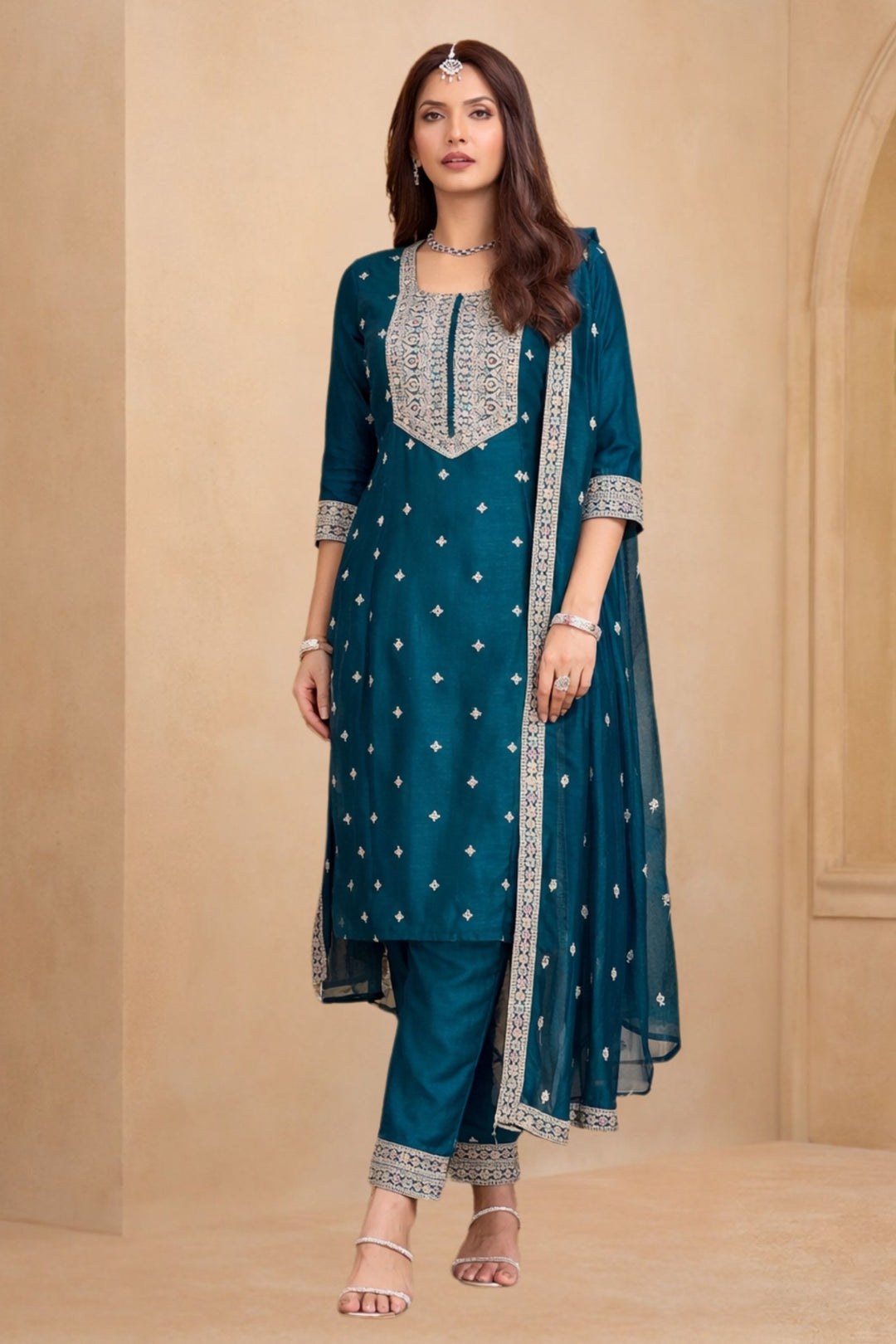 Teal Blue Sequins and Zari work A-line Cut Salwar Suit