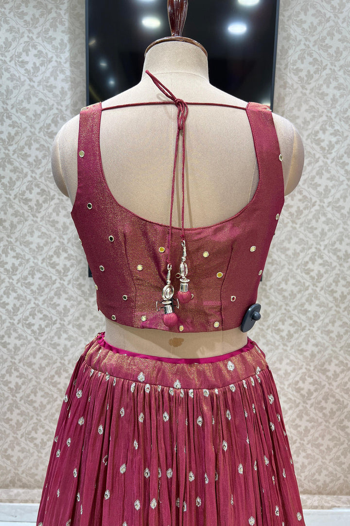 Magenta Beads, Zardozi, Stone, Zari and Mirror work Crop Top Lehenga