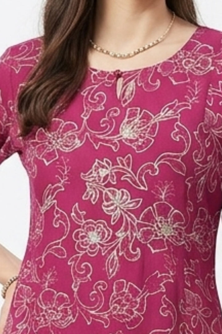 Magenta Embroidery and Stone work with Floral Print A-Line Cut Calf Length Kurti