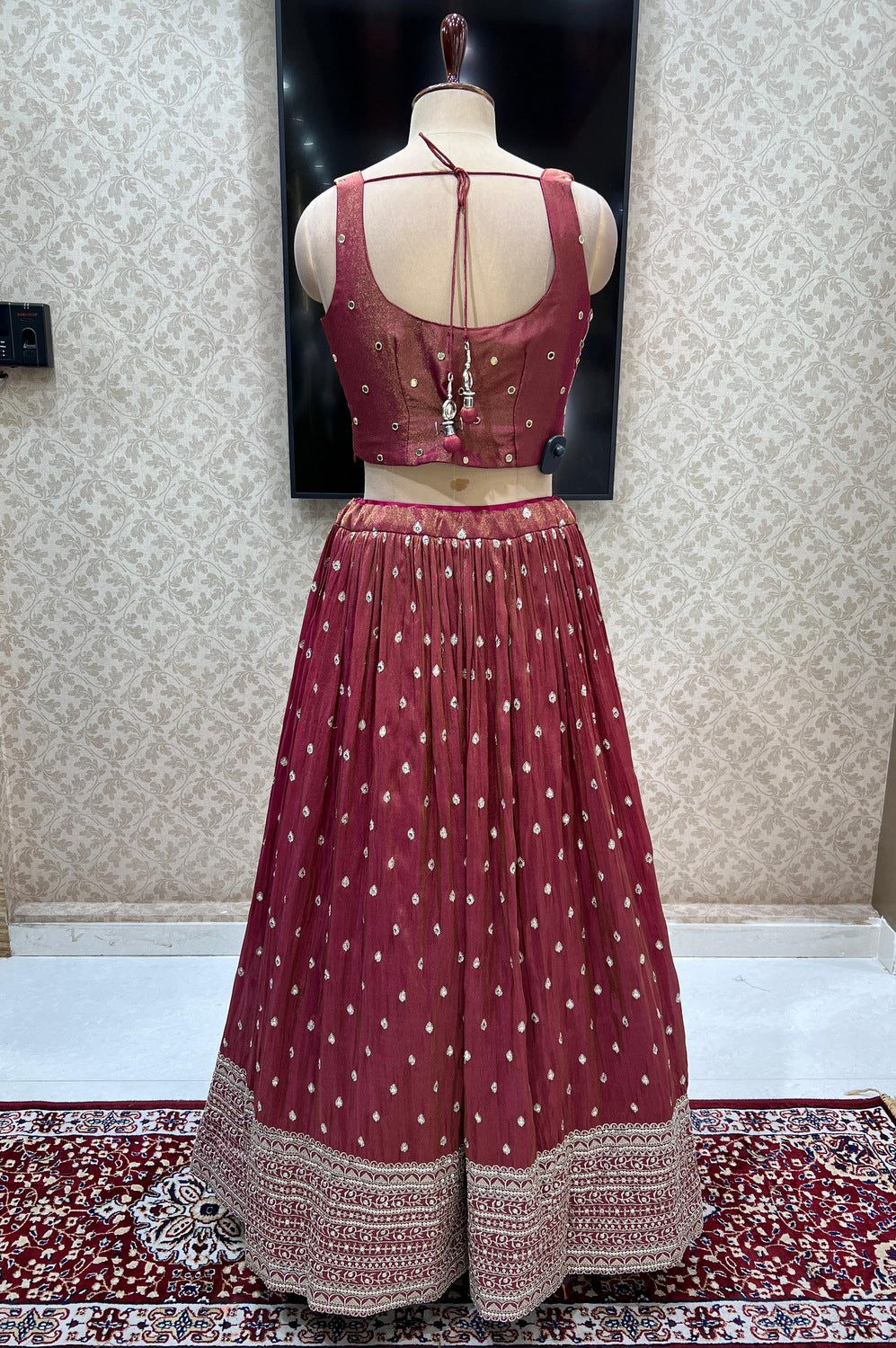 Magenta Beads, Zardozi, Stone, Zari and Mirror work Crop Top Lehenga