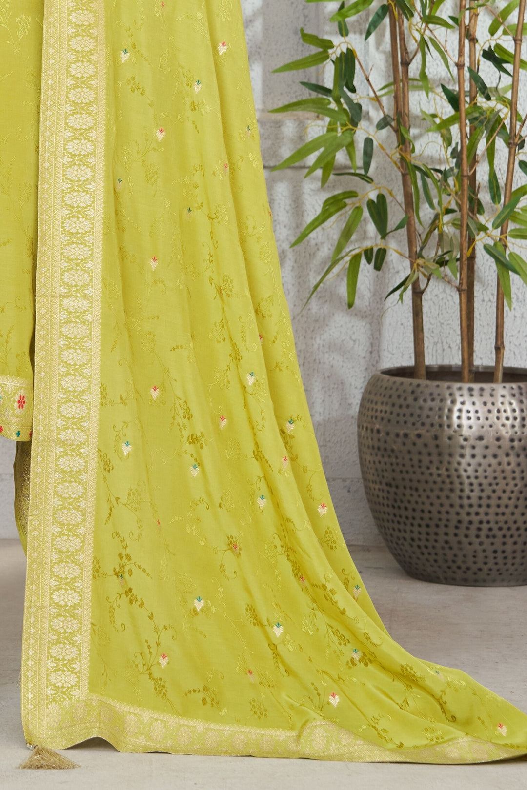 Parrot Green Banaras, Pearl, Kundan and Zardozi work Straight Cut Salwar Suit