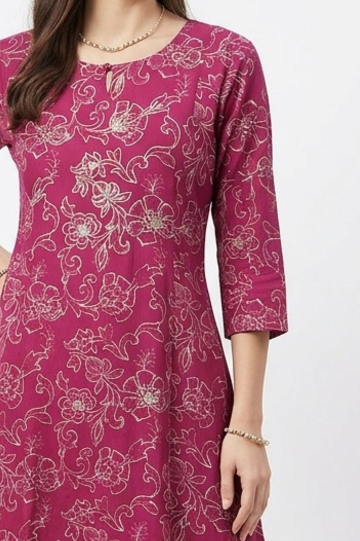 Magenta Embroidery and Stone work with Floral Print A-Line Cut Calf Length Kurti