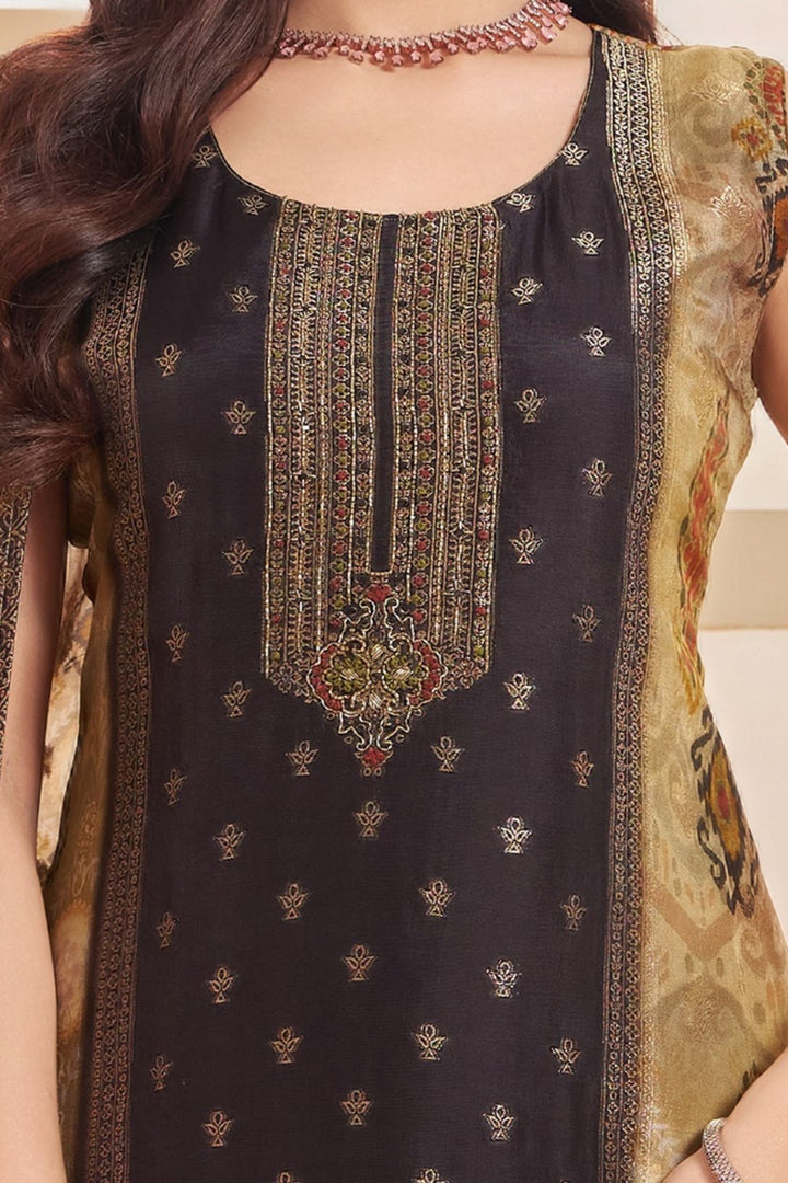 Black with Beige Banaras, Beads, Thread and Zardozi work Straight Cut Salwar Suit