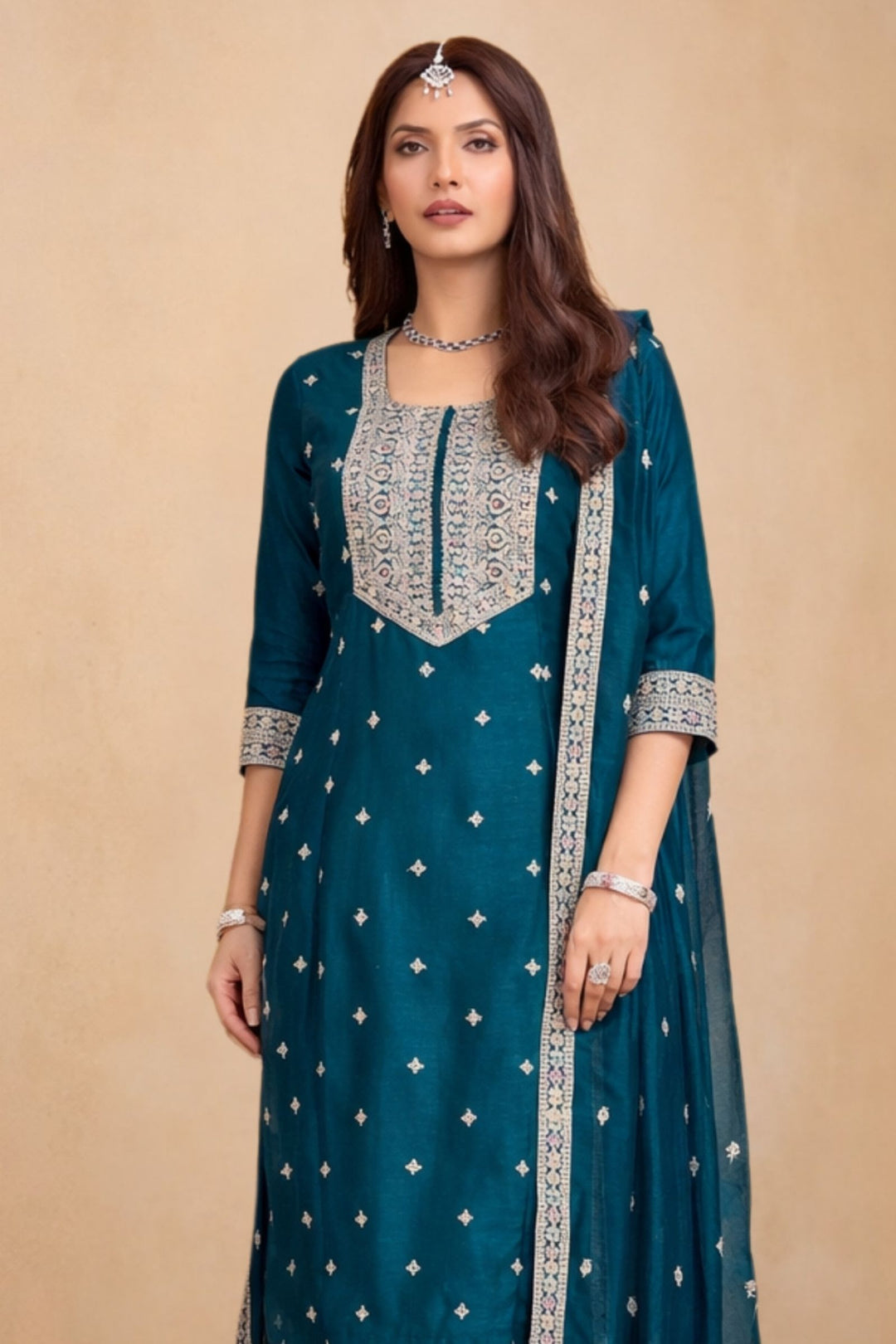 Teal Blue Sequins and Zari work A-line Cut Salwar Suit