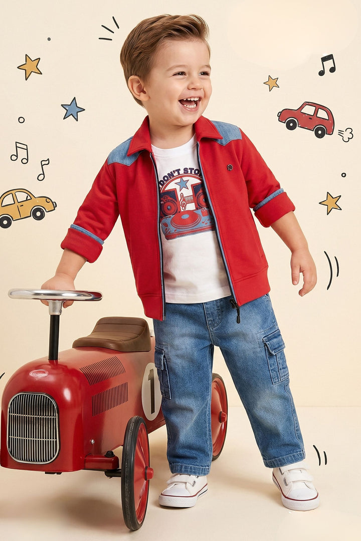 Red with White Printed Blazer, T-Shirt and Blue Pant Set for Boys
