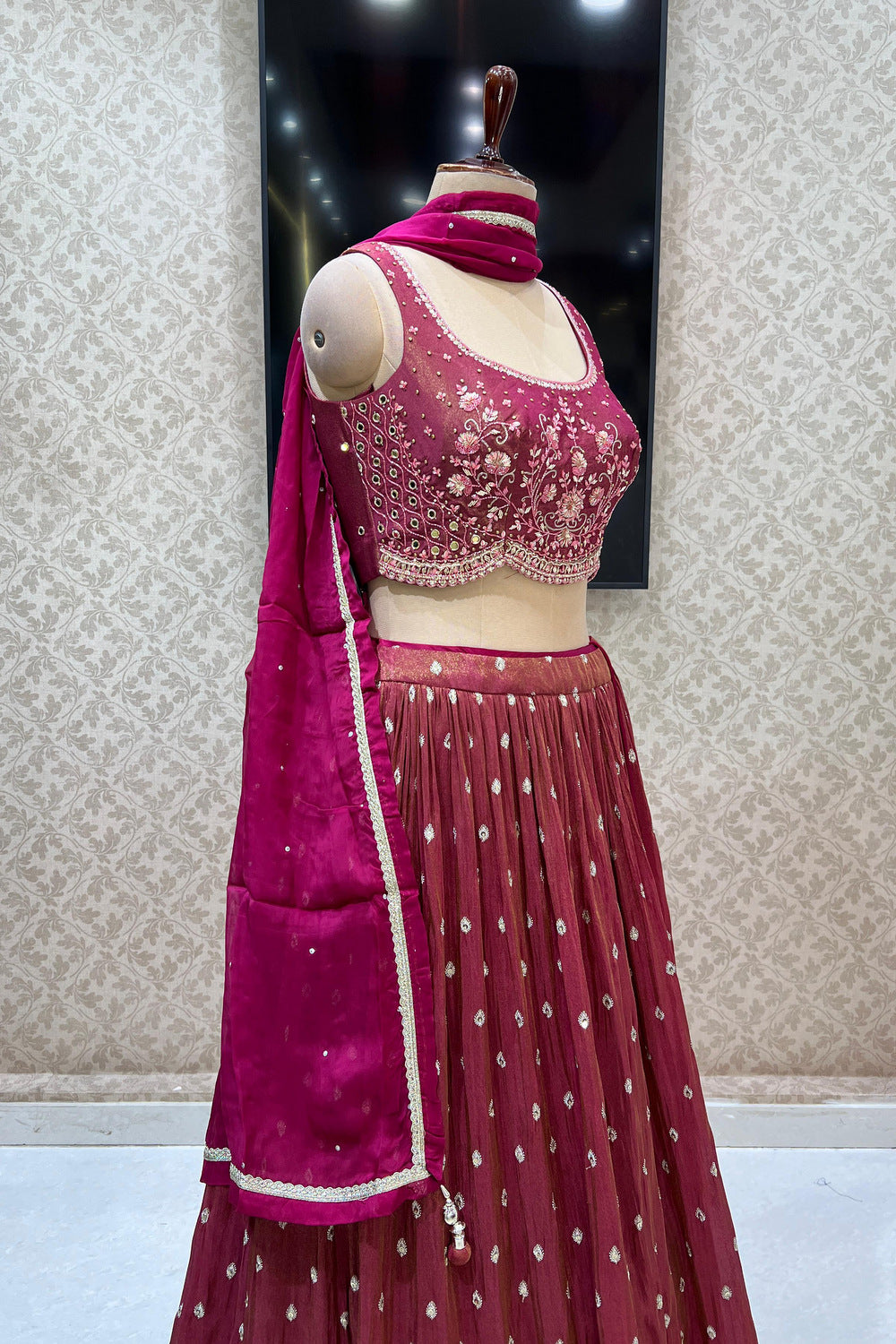 Magenta Beads, Zardozi, Stone, Zari and Mirror work Crop Top Lehenga