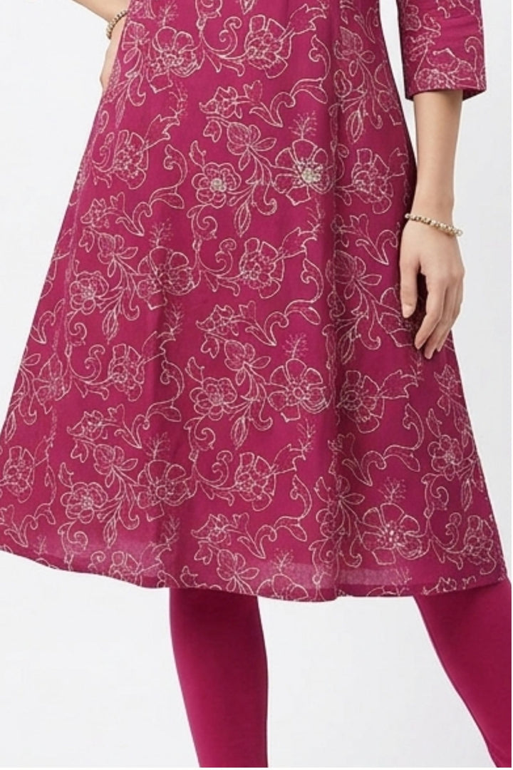 Magenta Embroidery and Stone work with Floral Print A-Line Cut Calf Length Kurti
