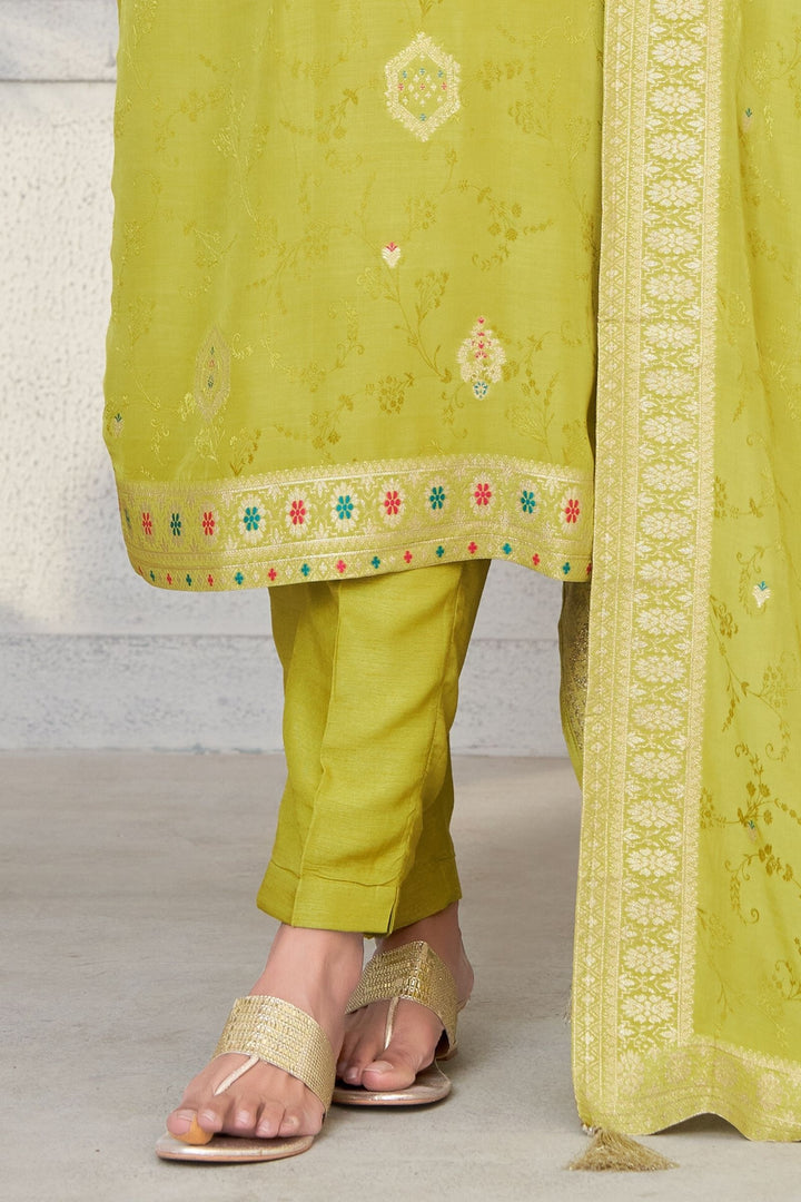 Parrot Green Banaras, Pearl, Kundan and Zardozi work Straight Cut Salwar Suit