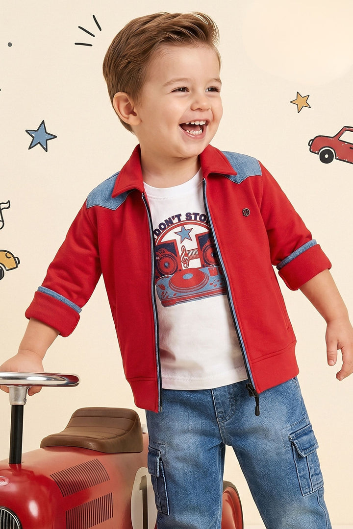 Red with White Printed Blazer, T-Shirt and Blue Pant Set for Boys