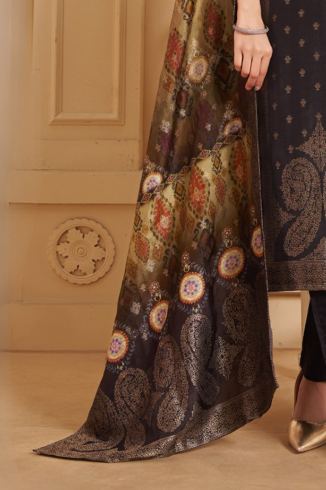 Black with Beige Banaras, Beads, Thread and Zardozi work Straight Cut Salwar Suit