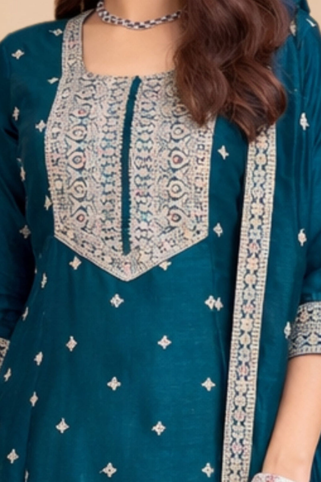 Teal Blue Sequins and Zari work A-line Cut Salwar Suit