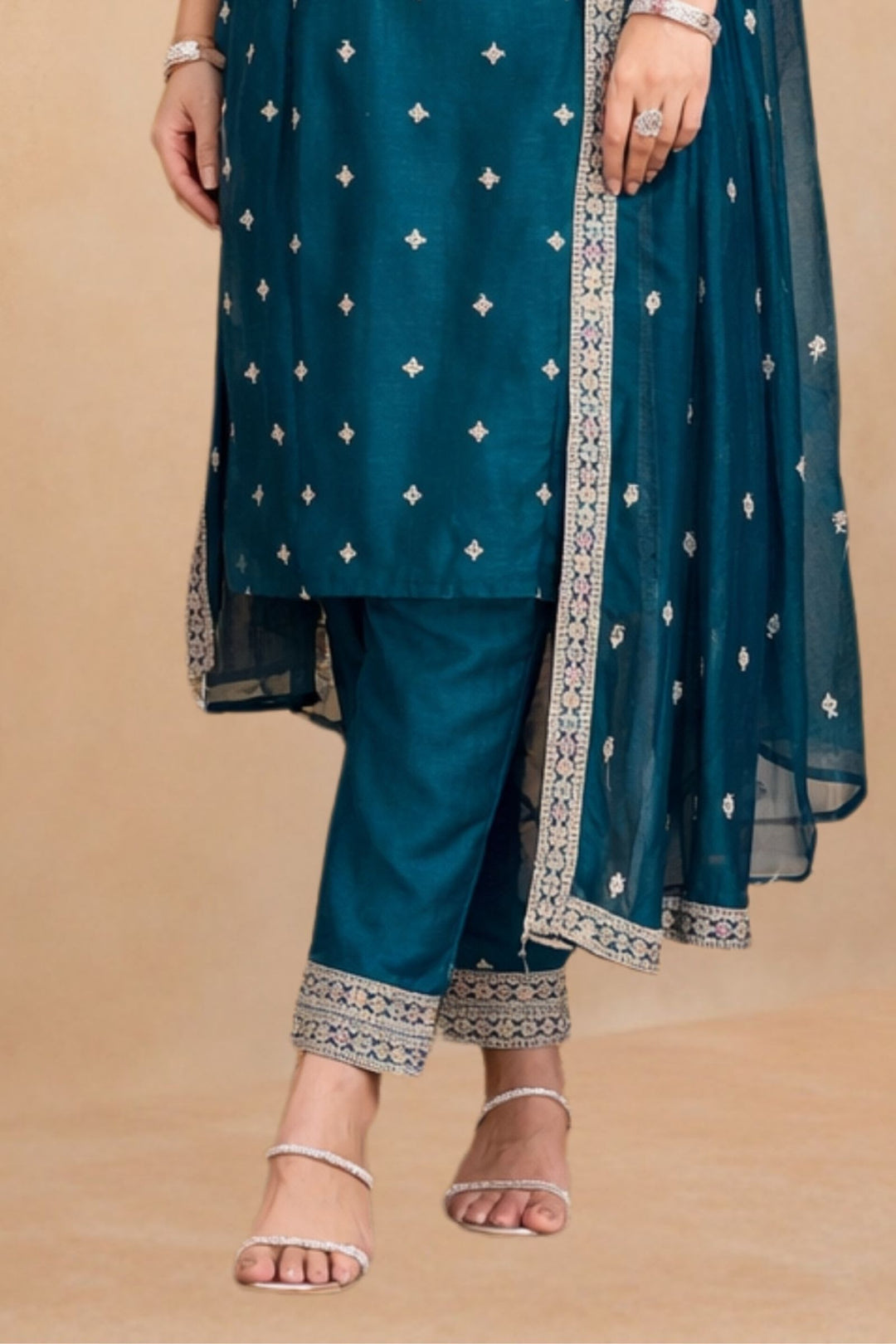 Teal Blue Sequins and Zari work A-line Cut Salwar Suit