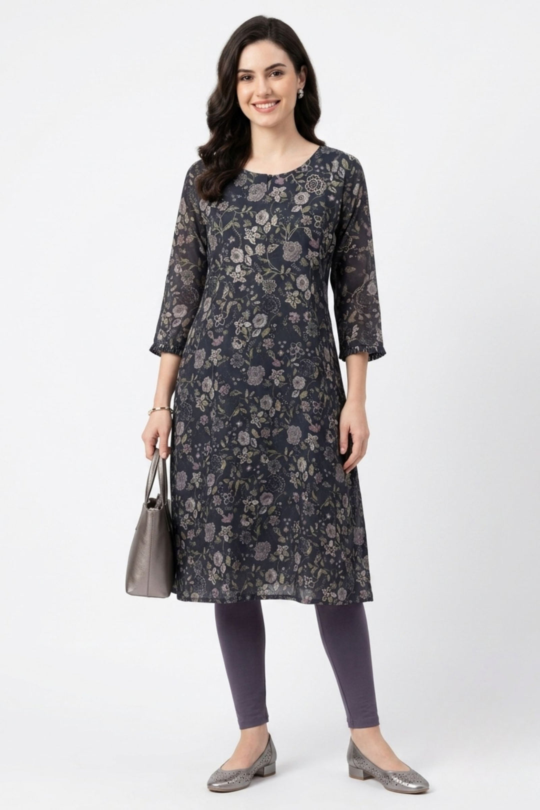 Black Embroidery and Stone work with Floral Print A-Line Cut Calf Length Kurti