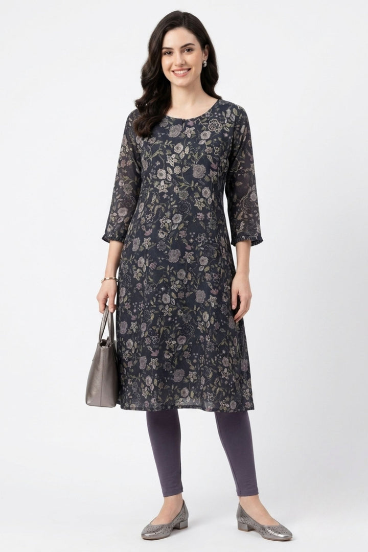 Black Embroidery and Stone work with Floral Print A-Line Cut Calf Length Kurti
