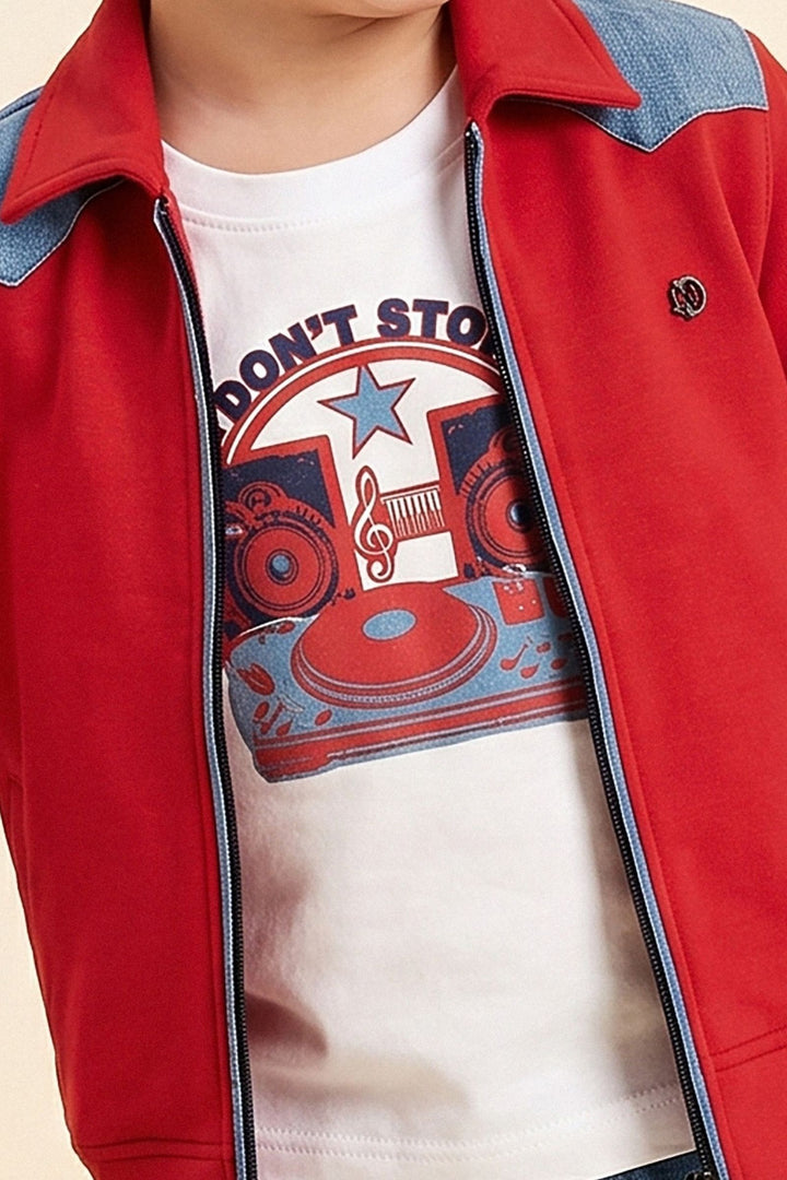 Red with White Printed Blazer, T-Shirt and Blue Pant Set for Boys
