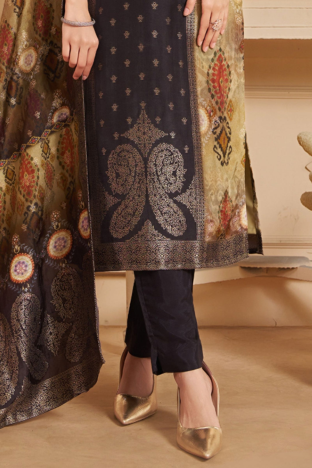 Black with Beige Banaras, Beads, Thread and Zardozi work Straight Cut Salwar Suit