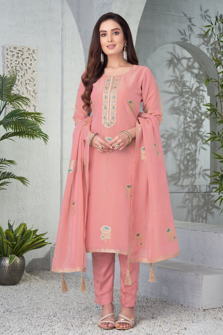 Onion Pink Banaras, Sequins and Beads work Straight Cut Salwar Suit